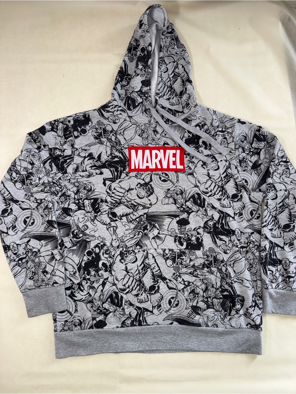Marvel Gray Black All-Over Comic Print Hoodie with Red Logo